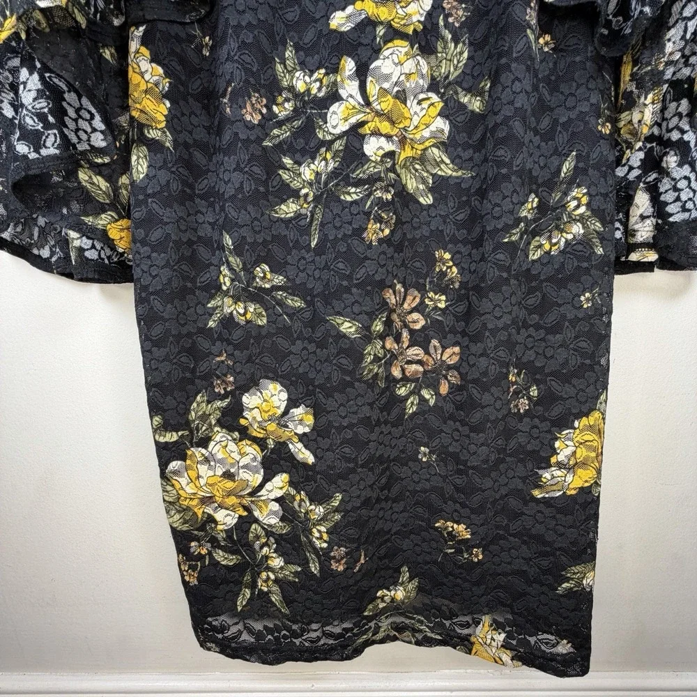 VFSHOW Women's Large Mesh Floral Dress Black Yellow Bell Sleeve Midi Career‎